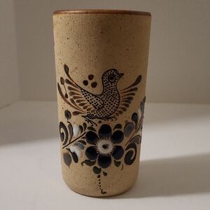 Artisan Signed Mexico Tonala Ceramic Vase/Tumbler with Bird Motif